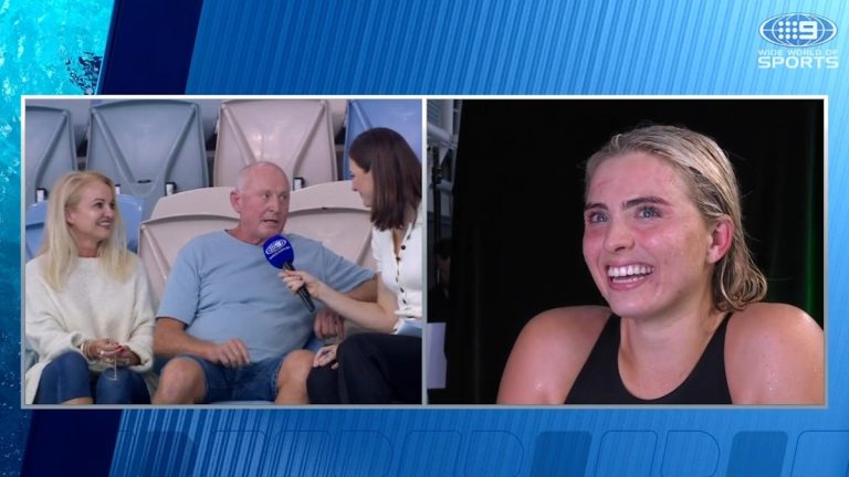 Alexa Leary wins women’s 50m freestyle final in Adelaide; Nine interviews with Alexa, parents