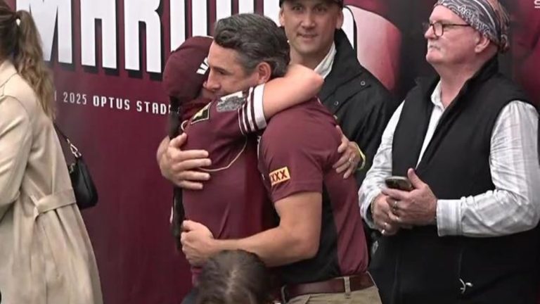 NSW Blues vs QLD Maroons; Billy Slater hugs wife Nicole in dressing room