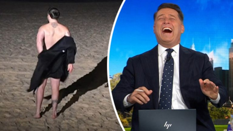 Aaron Woods strips in Bondi Beach nudie run after bet with Karl Stefanovic, video