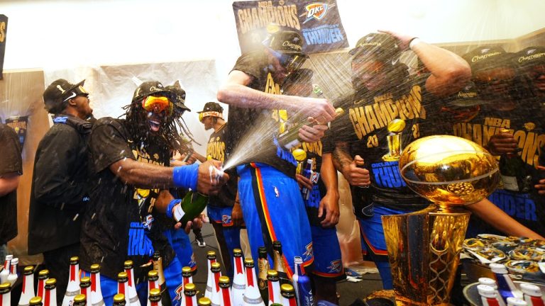 Thunder struggle to open champagne bottles after winning NBA title