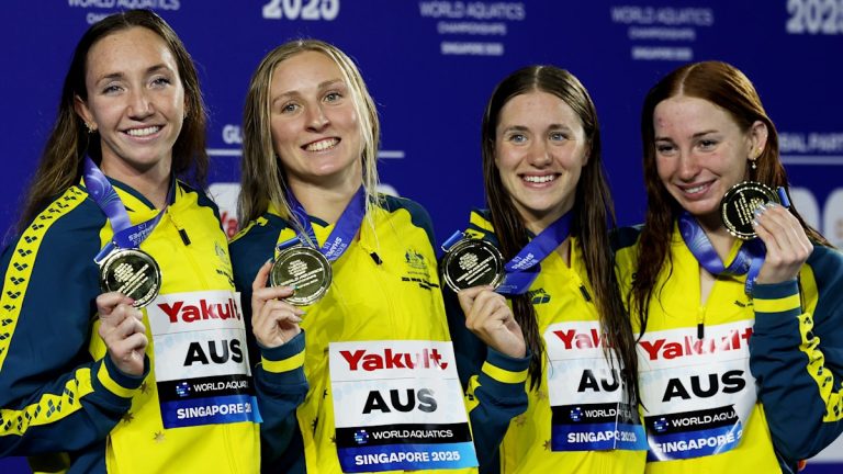 Swimming world championships 2025: Mollie O’Callaghan, Lani Pallister, Jamie Perkins, Brittany Castelluzzo win gold for Australia in women’s 4x200m freestyle relay