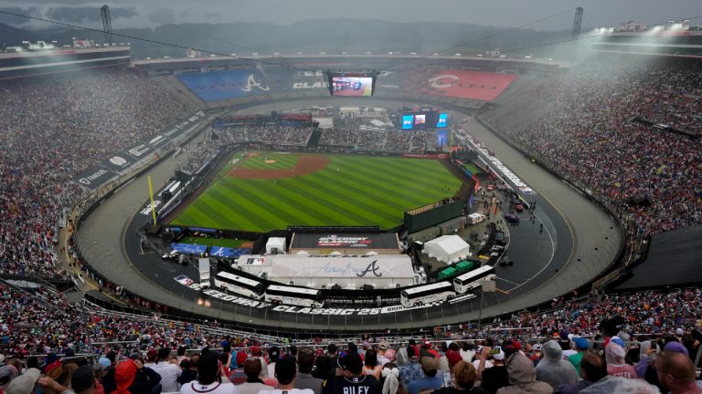 Speedway Classic between Braves, Reds suspended by rain, to resume on Sunday
